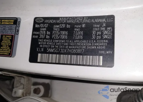 2007 Hyundai Santa Fe Gls z USA, uszkodzony, nr VIN 5NMSG73DX7H080817